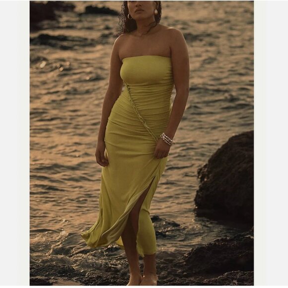 Anthropologie Celandine Gabbie Strapless Ruched Tube Dress Chartreuse Green 2X - Picture 3 of 16